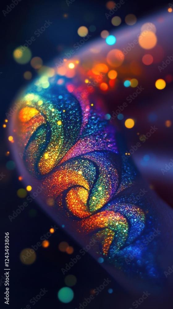 Poster Vibrant tattoo with dynamic bokeh effect showcasing colorful swirls of light in a soft background