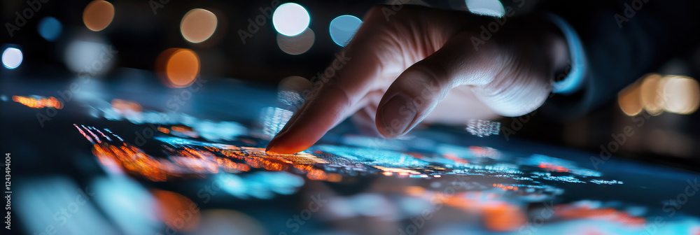 Poster finger interacting with luminous touchscreen displaying data