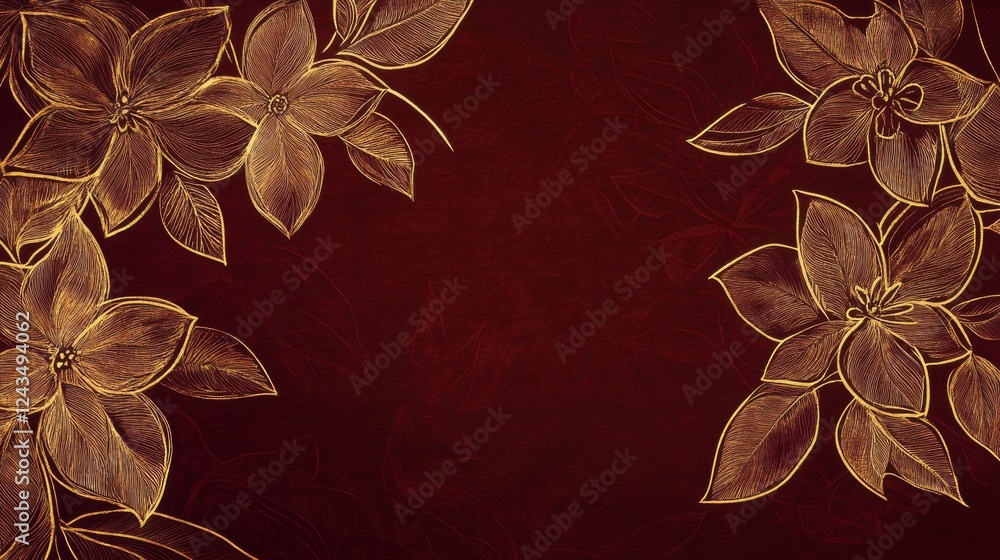 Poster Bronze floral patterns adorn a deep red background creating an elegant visual experience