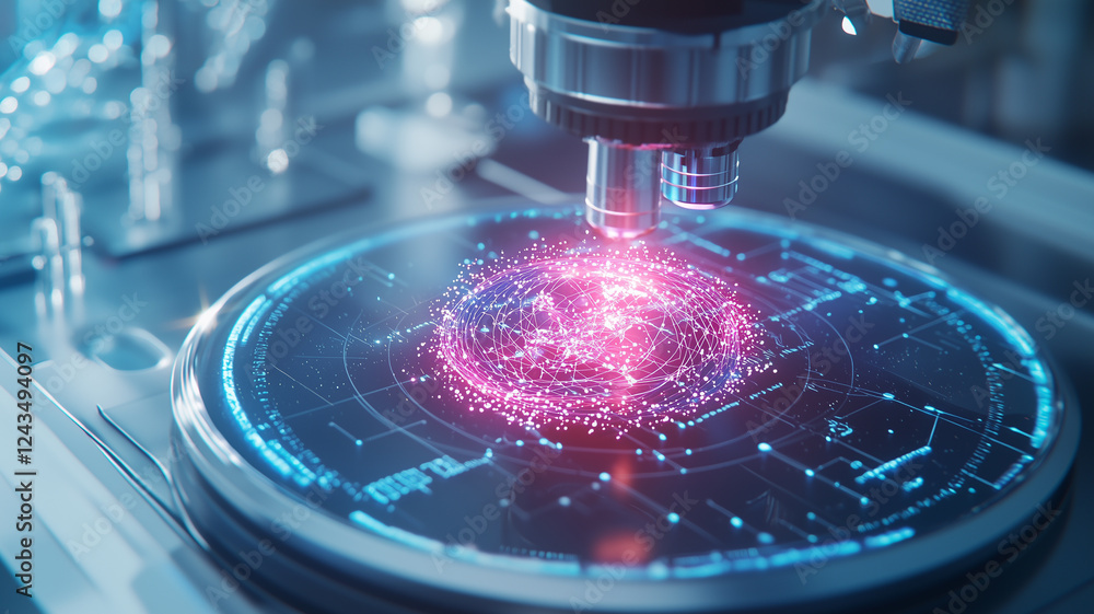 Poster glowing holographic dna structure under microscope, showcasing advanced biotechnology and futuristic