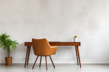 Elegant workspace design featuring a minimalist desk and a cozy chair. Generative AI