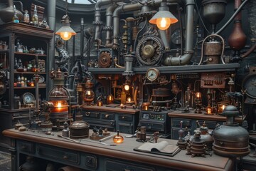 Steampunk Victorian Scientists Lab Filled with Gears