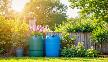 Rainwater collection barrels in lush garden at noon, eco-friendly sustainability