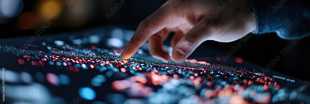Poster hand interacting with luminous data points on touchscreen