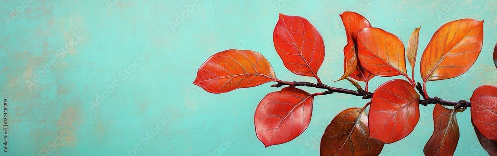 Aufkleber bright red leaves with orange veins contrast against a calming turquoise backdrop in a serene autumn