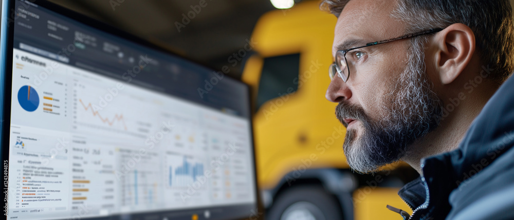 Aufkleber logistics manager analyzing cargo data on computer screen with yellow truck in background