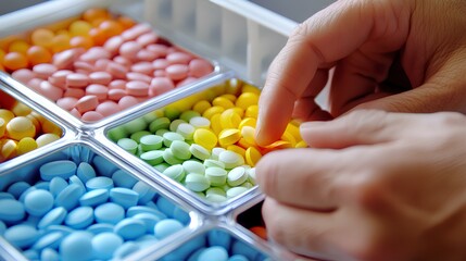 Close-up of hands sorting colorful pills into compartments for daily doses 