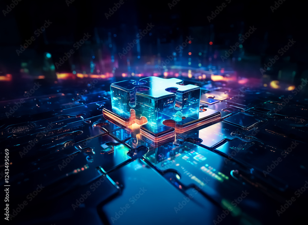 Poster glowing puzzle piece atop a futuristic circuit board. bright blue and orange lights illuminate a dig
