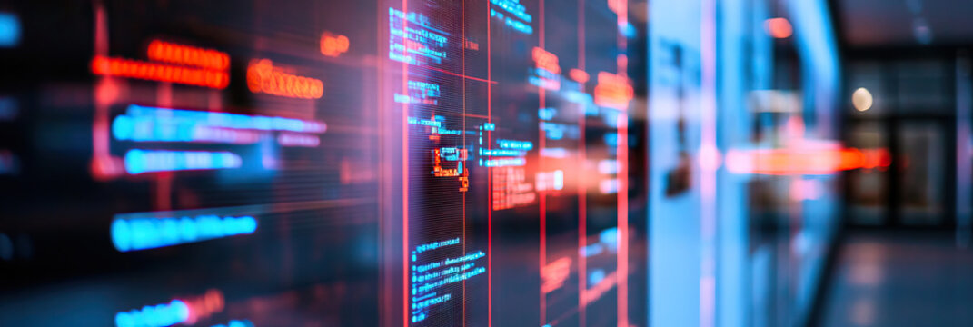 Large Screen Displaying Computer Code in Red and Blue