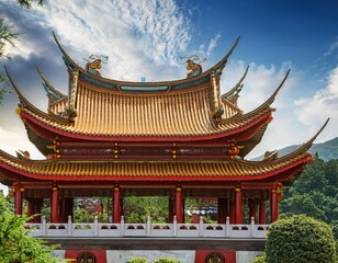 Obraz premium traditional chinese structure with sweeping red roofs golden sculptures and peaceful green surroundings evoking a sense of cultural tranquility