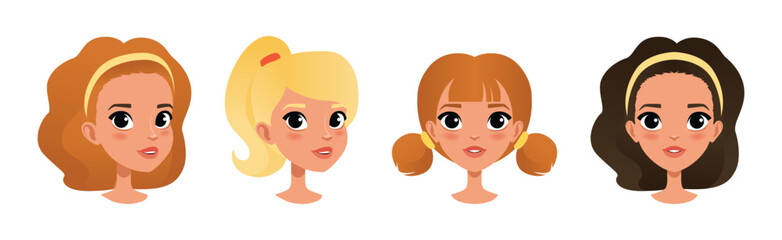Woman Face Head with Different Hairstyle Vector Set