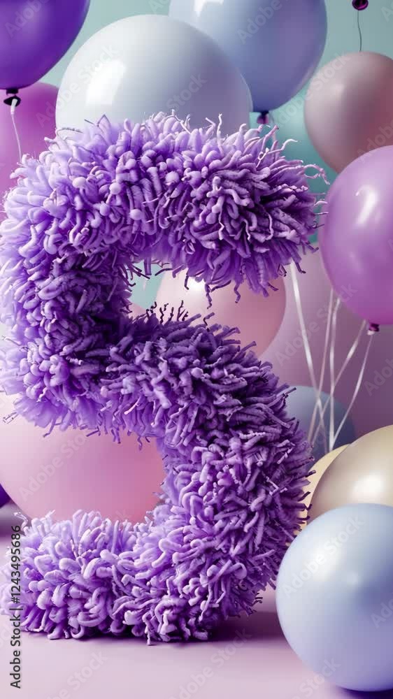 Poster a vibrant animation showcases a fluffy number five surrounded by an array of colorful balloons. perf
