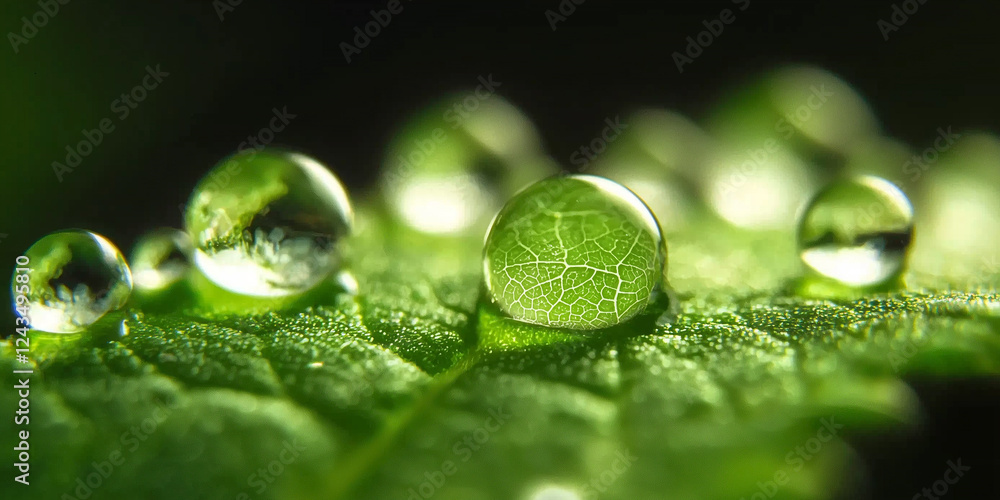 Poster macro view of water droplets on leaf capturing intricate vein patterns beautifully