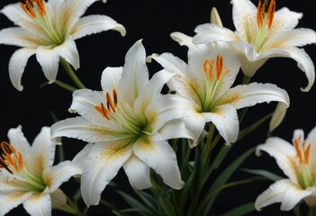 Stunning white lily blooms with orange speckles set against a dark backdrop, fine art photography, artistic composition