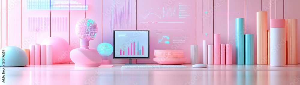 Poster a modern workspace featuring pastel-colored items, a computer with graphs, and various cylindrical c