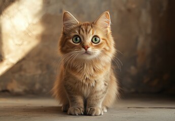 Obraz premium Adorable fluffy ginger kitten with striking green eyes sitting calmly against a rustic textured background, capturing the essence of playful innocence and curiosity