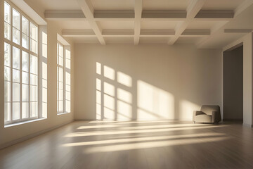 Fototapeta premium Empty living room showcasing freshly prepared walls and ceiling in a new house construction
