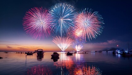 beautiful colorful fireworks over the sea celebration of an events on the sky background with reflection in water and boat silhouettes at night