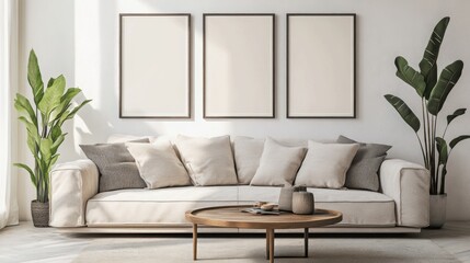 Modern living room with neutral colors and stylish decor featuring a cozy sofa