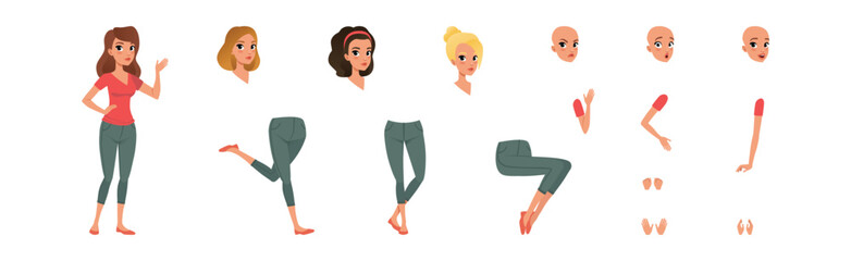 Woman Character with Separate Body Parts Vector Set