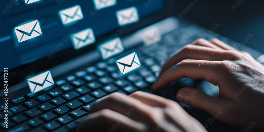 Poster close up of hands typing on keyboard with glowing email icons floating above, symbolizing digital communication