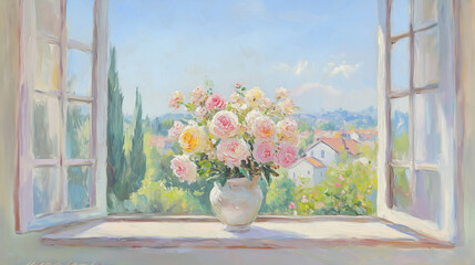 A beautifully arranged bouquet of roses seen through an open window, offering a glimpse of lush greenery beyond. oil painting.