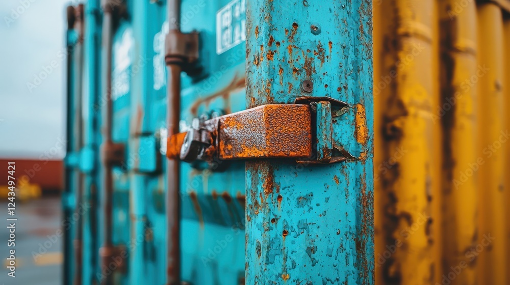 Poster close up of weathered freight container lock, showcasing rust and vibrant colors. image captures ind