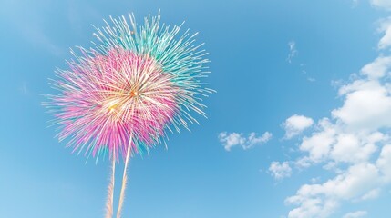 Colorful fireworks explode in daytime sky, clouds