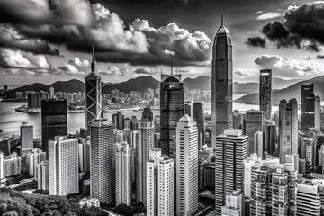 Hong Kong Skyline: Stunning Black & White Panoramic Cityscape of Skyscrapers
