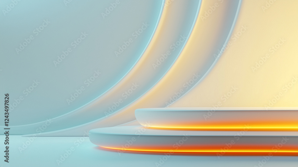 Aufkleber minimal futuristic background with glowing orange and blue light on curved abstract shapes