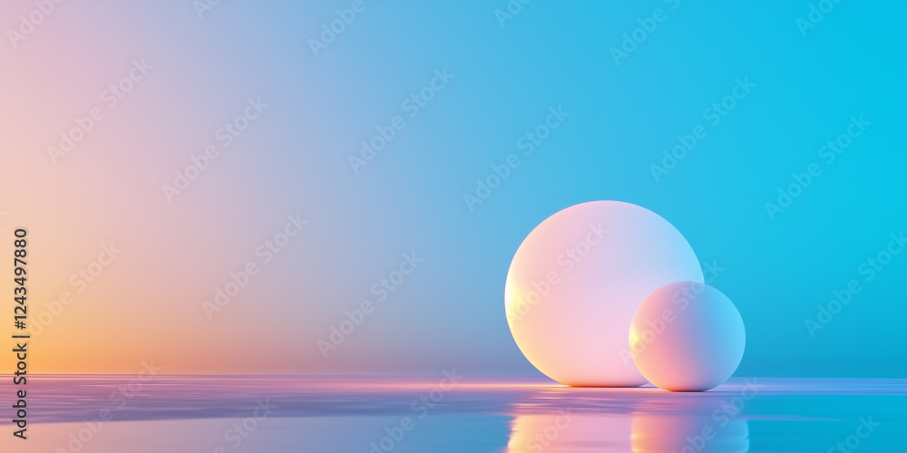 Poster minimalist abstract composition with two glowing spheres on reflective surface, blending warm and co