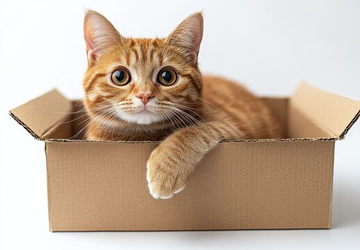 Adorable fluffy orange cat resting comfortably inside a cardboard box with a curious expression on its face against a clean white background