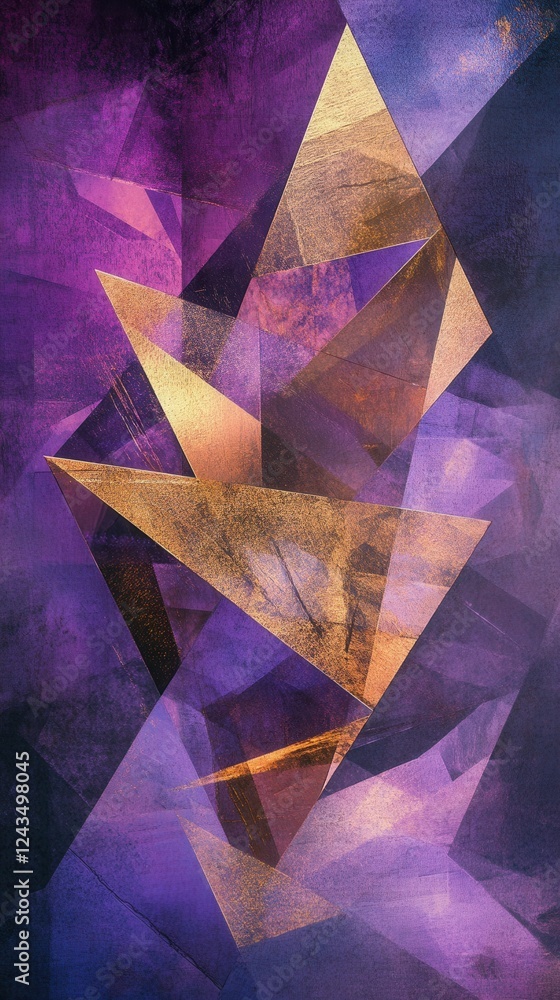 Poster vibrant abstract geometric background featuring sharp angles and rich purple hues with gold accents 