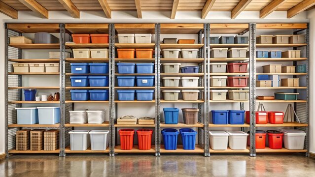 Organized garage with neatly stacked boxes and labeled storage containers on wooden shelves , container, tidy,  container, tidy