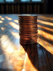 Stack of coins on wooden table in sunlight.