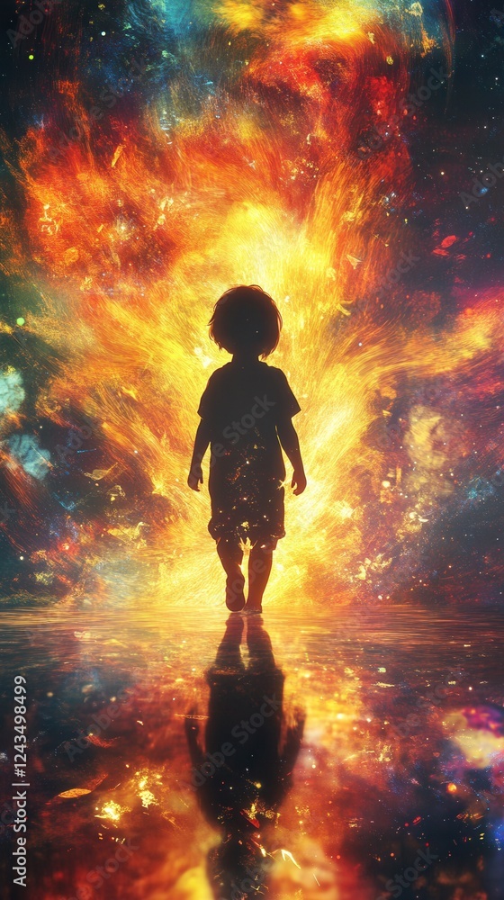 Aufkleber Child illuminated by vibrant colors against a cosmic backdrop during a serene twilight setting