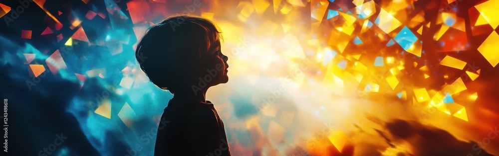 Aufkleber vibrant visualization of a glowing child surrounded by colorful light patterns in a dreamy atmospher