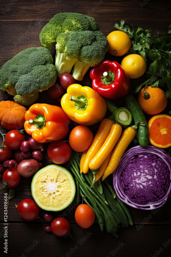 Aufkleber colorful array of fresh vegetables and fruits on a wooden table in autumn. generative ai