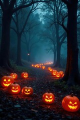The darkness is filled with a warm glow from a circle of jack o lanterns, mist, candlelight, glowing