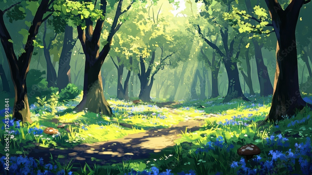 Aufkleber Vibrant spring forest with sunlight filtering through maple and elm trees and colorful wildflowers lining the path