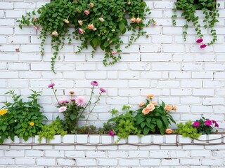 Naklejka premium White brick wall with plants and flowers, cacti, landscape, wildflowers