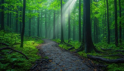 Fototapeta premium Sunlit Path Through Lush Green Forest