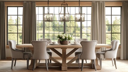 Rustic dining room with large windows overlooking a garden.