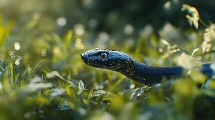 Fototapeta premium Black Mamba Snake Slithering Through Grass in Dynamic Motion – Wildlife Photography