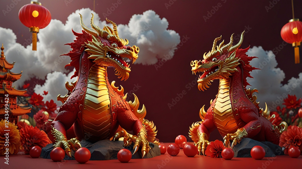 Wall mural Red background featuring two golden dragons, hanging lanterns, and clouds, ideal for chinese new year or other asian celebrations