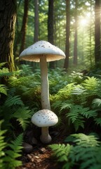 Fototapeta premium White mushroom surrounded by ferns and dappled sunlight in the forest, sunlight filtering through leaves, vibrant