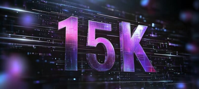 Glowing Purple And Blue Digital Number 15K On Technology Circuit Board Background. 3D Illustration