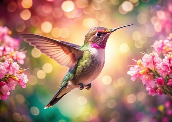 Fototapeta premium Hummingbird Serenade: Double Exposure Pink Bokeh Flower Forest
