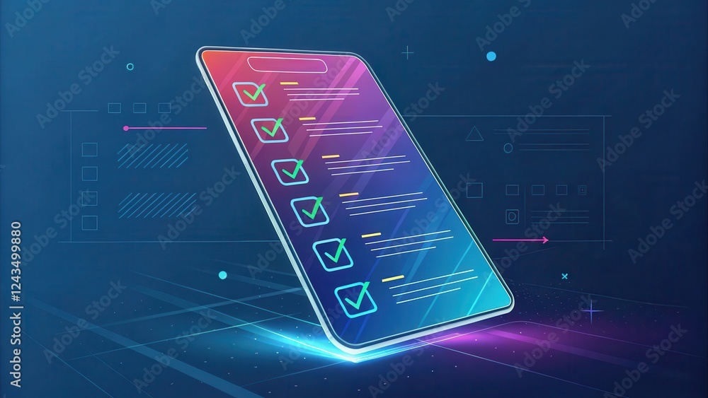 Poster a futuristic smartphone displays a checklist interface, featuring glowing checkmarks against a blue 