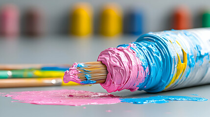 Obraz premium Paintbrush in pink and blue acrylic tube, art supplies, studio background, creative process